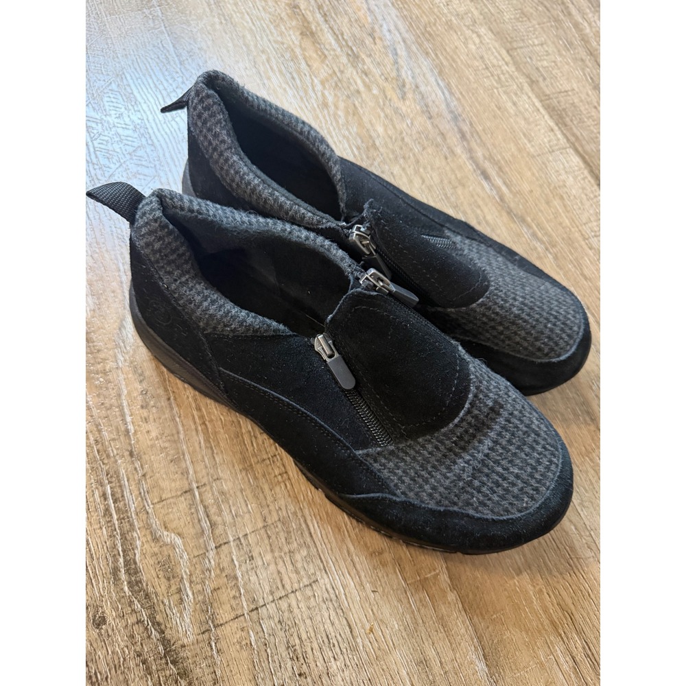 Lands End Womens 8D Black Suede Grey Fabric Front Zip Slip On Shoes 532385